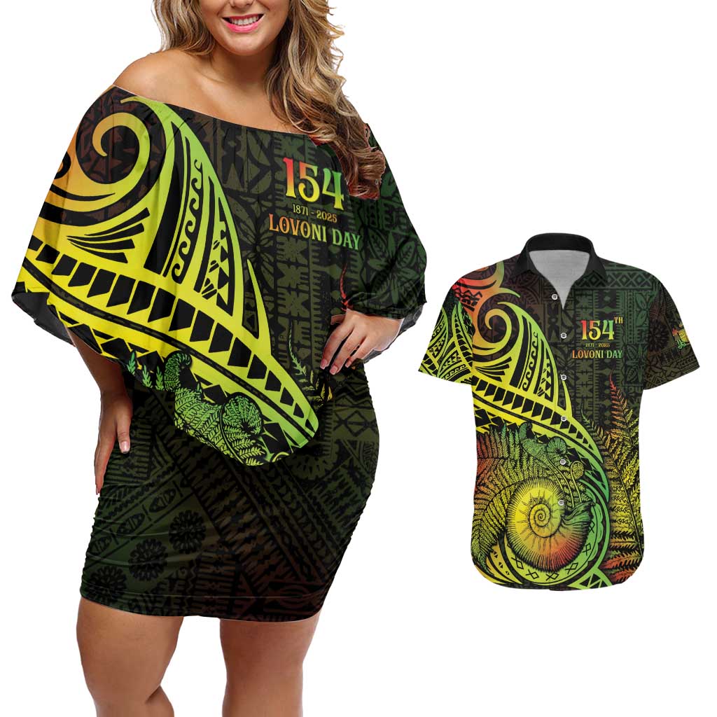 Personalised Fiji Lovoni Day Couples Matching Off Shoulder Short Dress and Hawaiian Shirt 154th Years