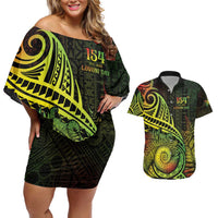 Personalised Fiji Lovoni Day Couples Matching Off Shoulder Short Dress and Hawaiian Shirt 154th Years