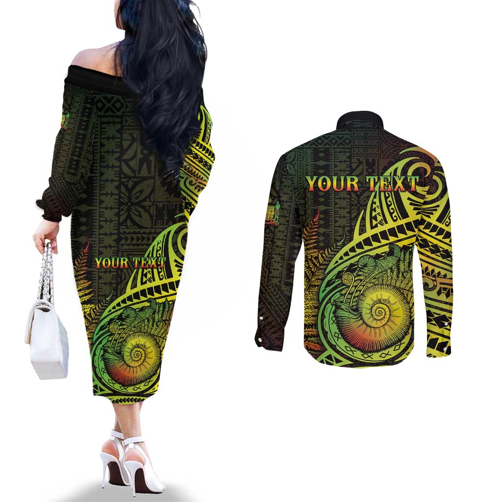 Personalised Fiji Lovoni Day Couples Matching Off The Shoulder Long Sleeve Dress and Long Sleeve Button Shirt 154th Years