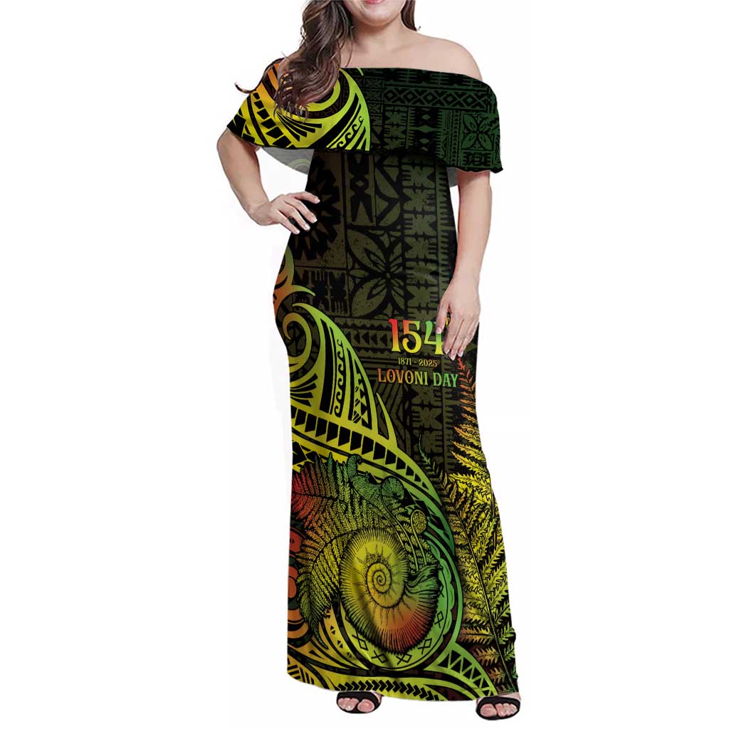 Personalised Fiji Lovoni Day Family Matching Off Shoulder Maxi Dress and Hawaiian Shirt 154th Years LT05 Mom's Dress Reggae - Polynesian Pride