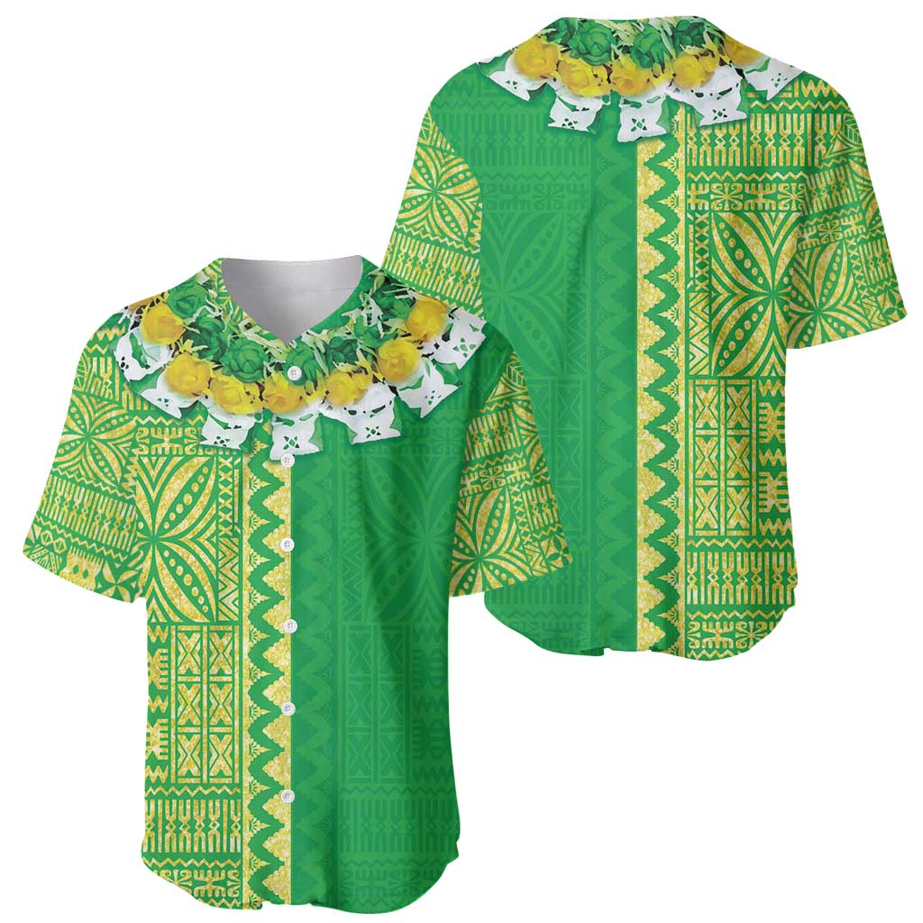 Fiji Lovoni Baseball Jersey Fijian Tapa Salusalu Green Glitter LT05 - Polynesian Pride
