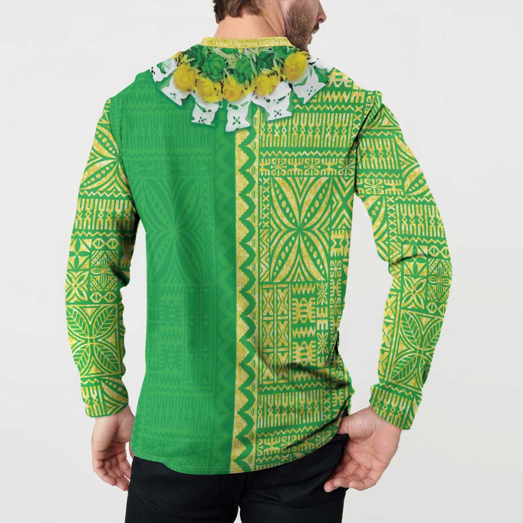 Fiji Lovoni Button Sweatshirt Fijian Tapa Salusalu Green Glitter