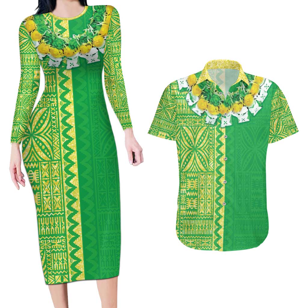 Fiji Lovoni Couples Matching Long Sleeve Bodycon Dress and Hawaiian Shirt Fijian Tapa Salusalu Green Glitter LT05 Green - Polynesian Pride