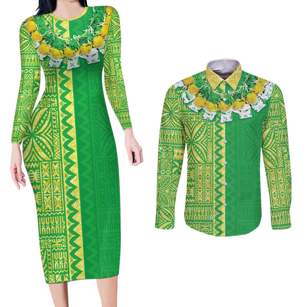 Fiji Lovoni Couples Matching Long Sleeve Bodycon Dress and Long Sleeve Button Shirt Fijian Tapa Salusalu Green Glitter LT05 Green - Polynesian Pride