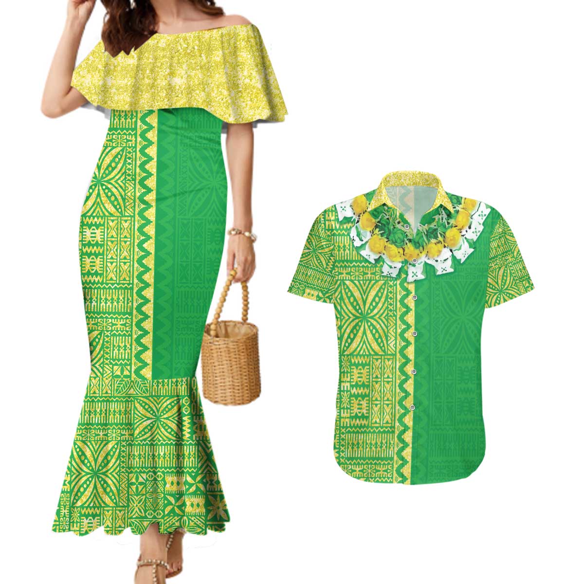 Fiji Lovoni Couples Matching Mermaid Dress and Hawaiian Shirt Fijian Tapa Salusalu Green Glitter LT05 Green - Polynesian Pride