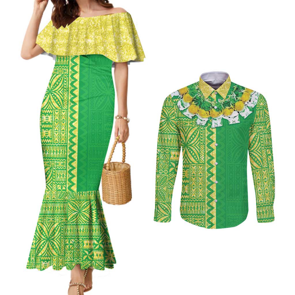 Fiji Lovoni Couples Matching Mermaid Dress and Long Sleeve Button Shirt Fijian Tapa Salusalu Green Glitter