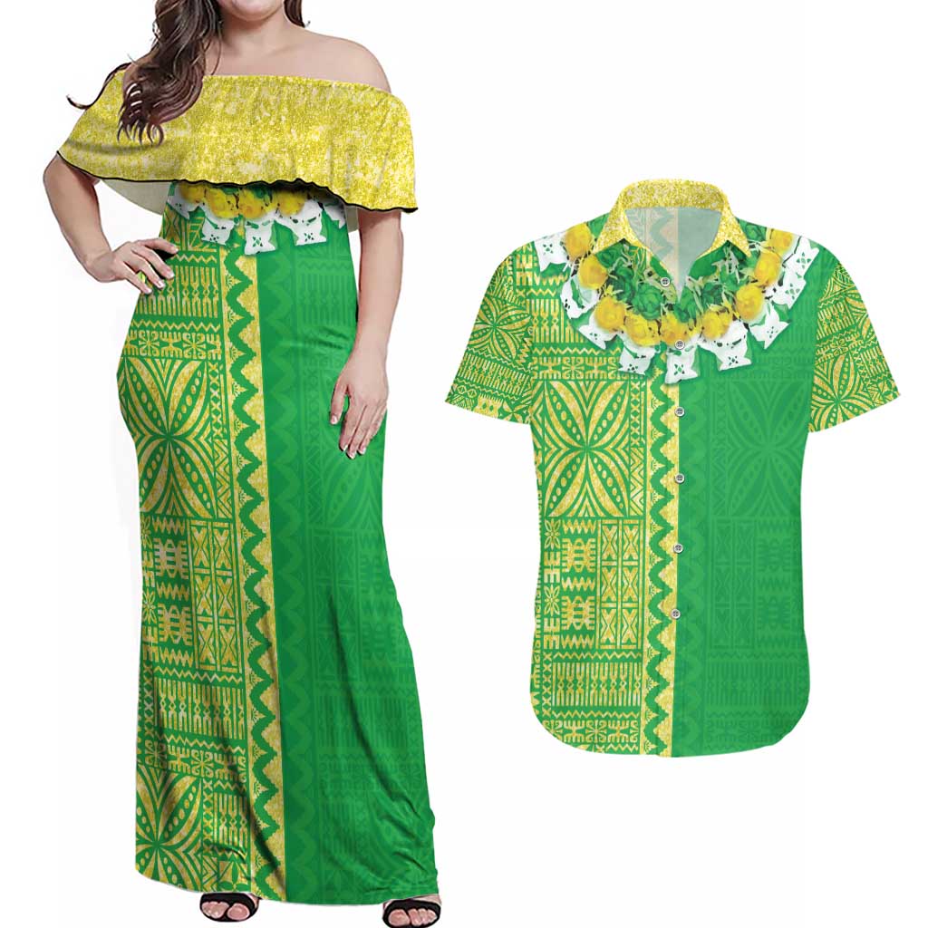 Fiji Lovoni Couples Matching Off Shoulder Maxi Dress and Hawaiian Shirt Fijian Tapa Salusalu Green Glitter