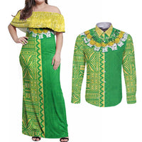 Fiji Lovoni Couples Matching Off Shoulder Maxi Dress and Long Sleeve Button Shirt Fijian Tapa Salusalu Green Glitter LT05 Green - Polynesian Pride