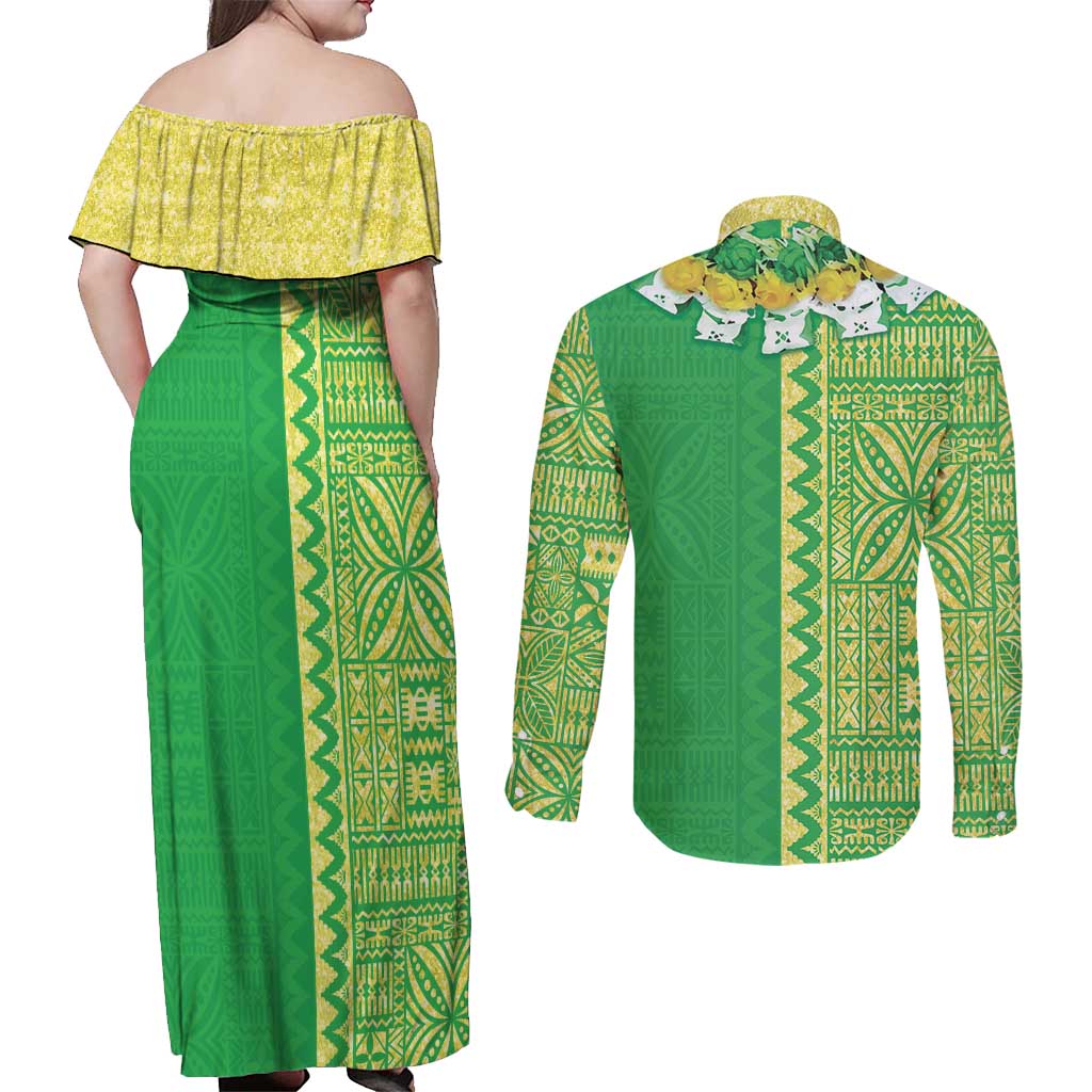 Fiji Lovoni Couples Matching Off Shoulder Maxi Dress and Long Sleeve Button Shirt Fijian Tapa Salusalu Green Glitter LT05 - Polynesian Pride