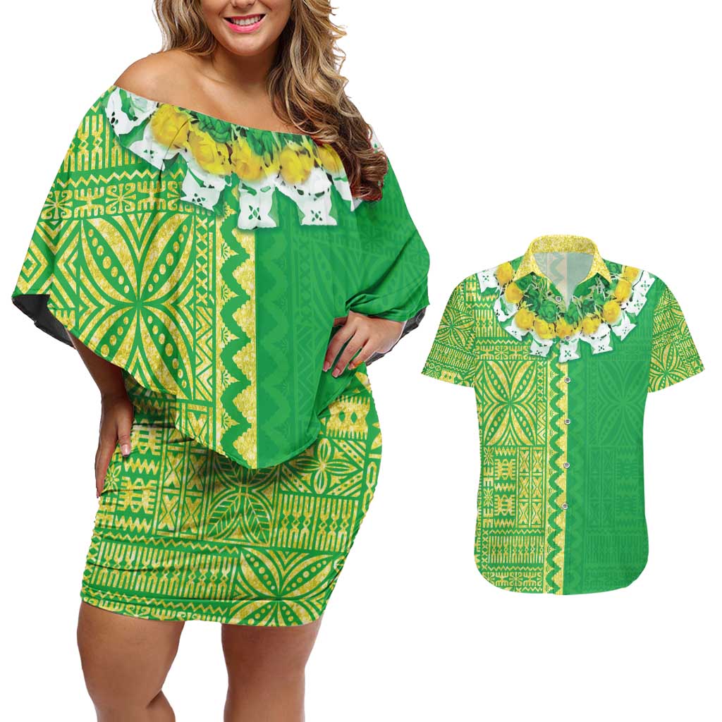 Fiji Lovoni Couples Matching Off Shoulder Short Dress and Hawaiian Shirt Fijian Tapa Salusalu Green Glitter LT05 Green - Polynesian Pride