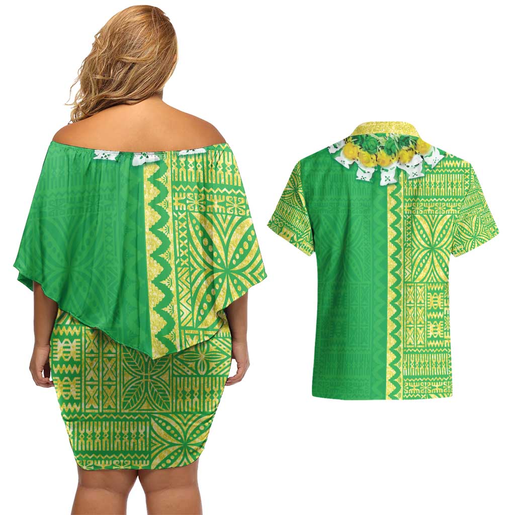 Fiji Lovoni Couples Matching Off Shoulder Short Dress and Hawaiian Shirt Fijian Tapa Salusalu Green Glitter LT05 - Polynesian Pride