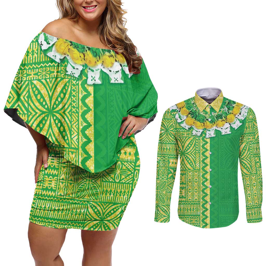 Fiji Lovoni Couples Matching Off Shoulder Short Dress and Long Sleeve Button Shirt Fijian Tapa Salusalu Green Glitter