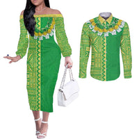 Fiji Lovoni Couples Matching Off The Shoulder Long Sleeve Dress and Long Sleeve Button Shirt Fijian Tapa Salusalu Green Glitter LT05 Green - Polynesian Pride