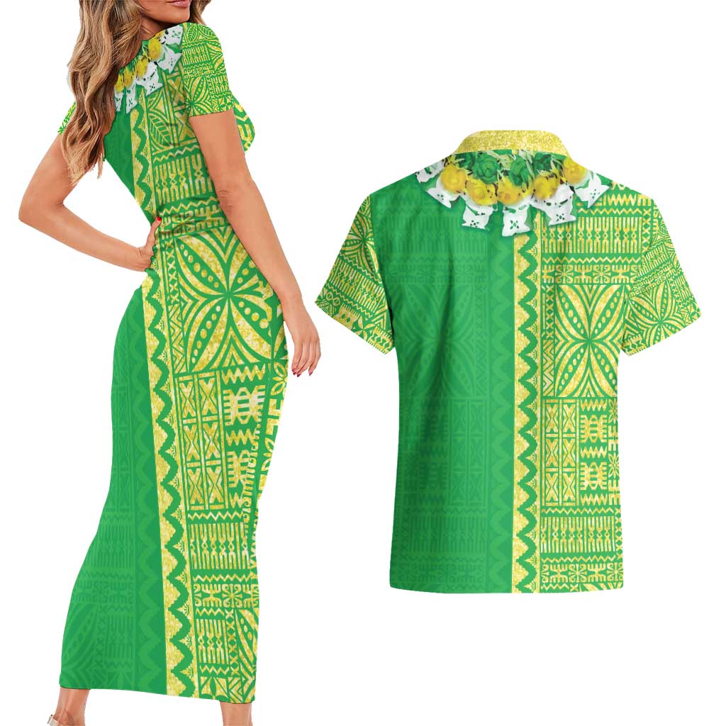 Fiji Lovoni Couples Matching Short Sleeve Bodycon Dress and Hawaiian Shirt Fijian Tapa Salusalu Green Glitter LT05 - Polynesian Pride