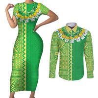 Fiji Lovoni Couples Matching Short Sleeve Bodycon Dress and Long Sleeve Button Shirt Fijian Tapa Salusalu Green Glitter LT05 Green - Polynesian Pride