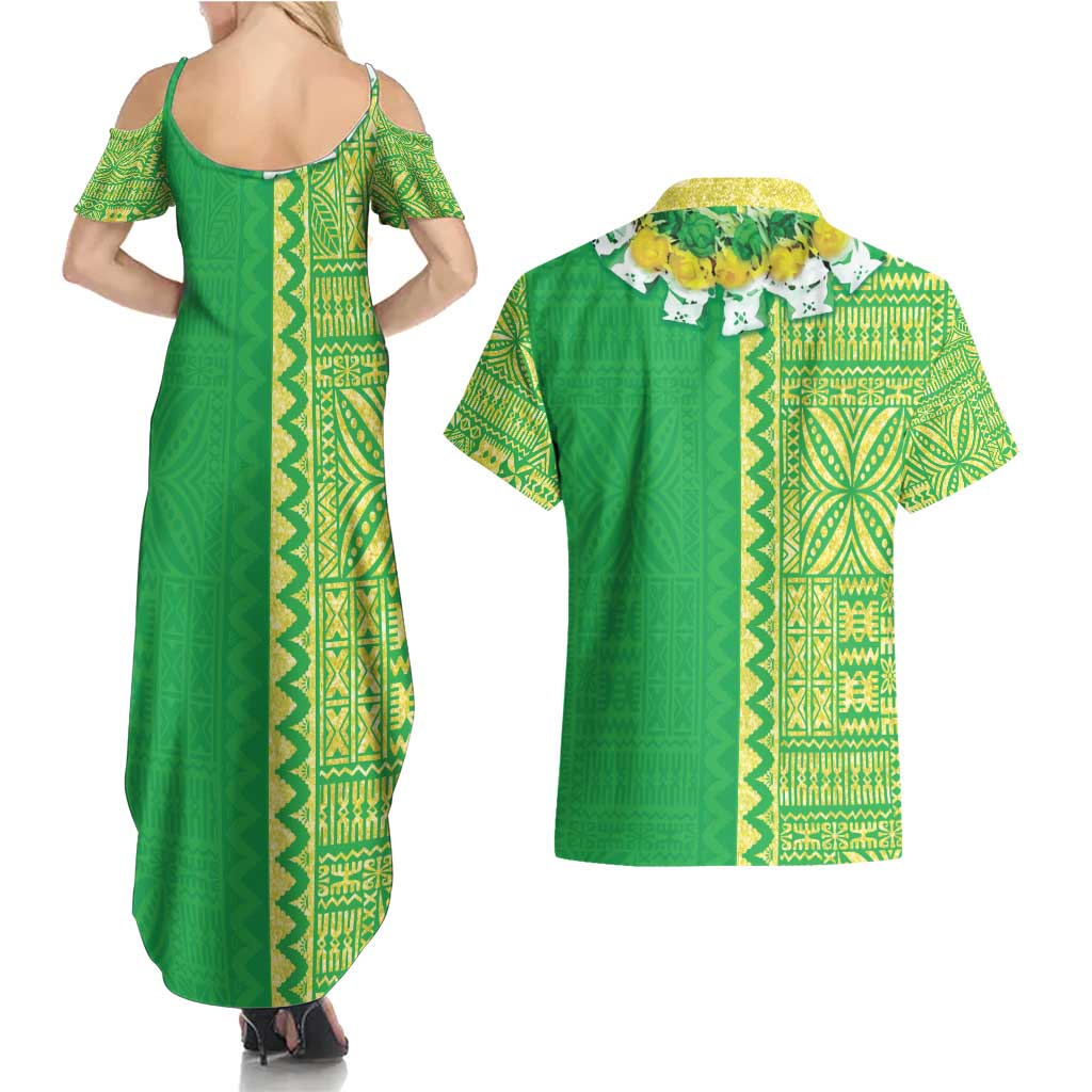 Fiji Lovoni Couples Matching Summer Maxi Dress and Hawaiian Shirt Fijian Tapa Salusalu Green Glitter LT05 - Polynesian Pride