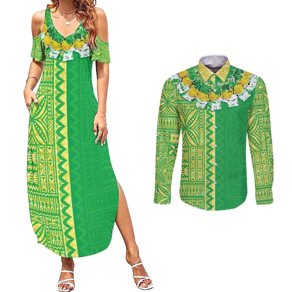 Fiji Lovoni Couples Matching Summer Maxi Dress and Long Sleeve Button Shirt Fijian Tapa Salusalu Green Glitter LT05 Green - Polynesian Pride