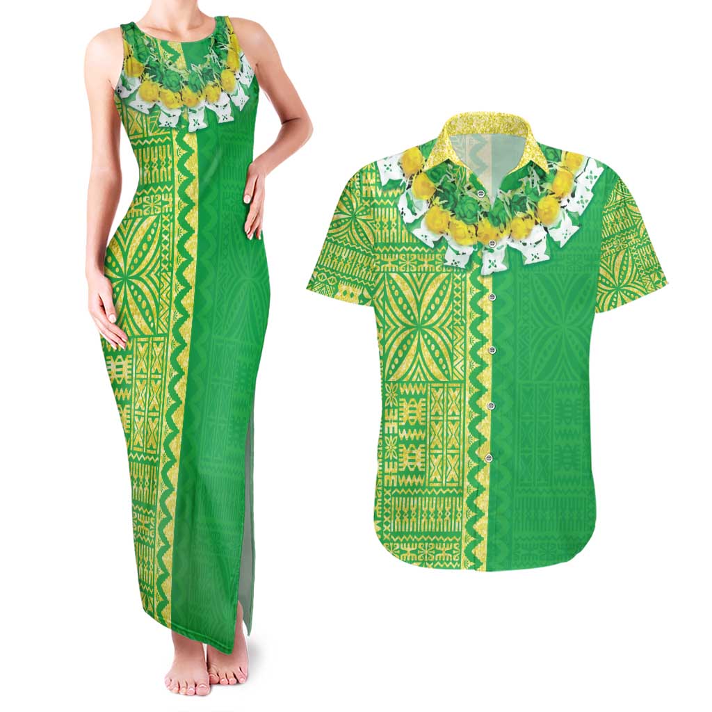 Fiji Lovoni Couples Matching Tank Maxi Dress and Hawaiian Shirt Fijian Tapa Salusalu Green Glitter LT05 Green - Polynesian Pride