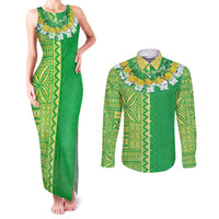 Fiji Lovoni Couples Matching Tank Maxi Dress and Long Sleeve Button Shirt Fijian Tapa Salusalu Green Glitter LT05 Green - Polynesian Pride