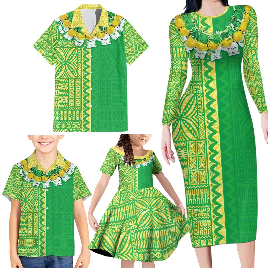 Fiji Lovoni Family Matching Long Sleeve Bodycon Dress and Hawaiian Shirt Fijian Tapa Salusalu Green Glitter