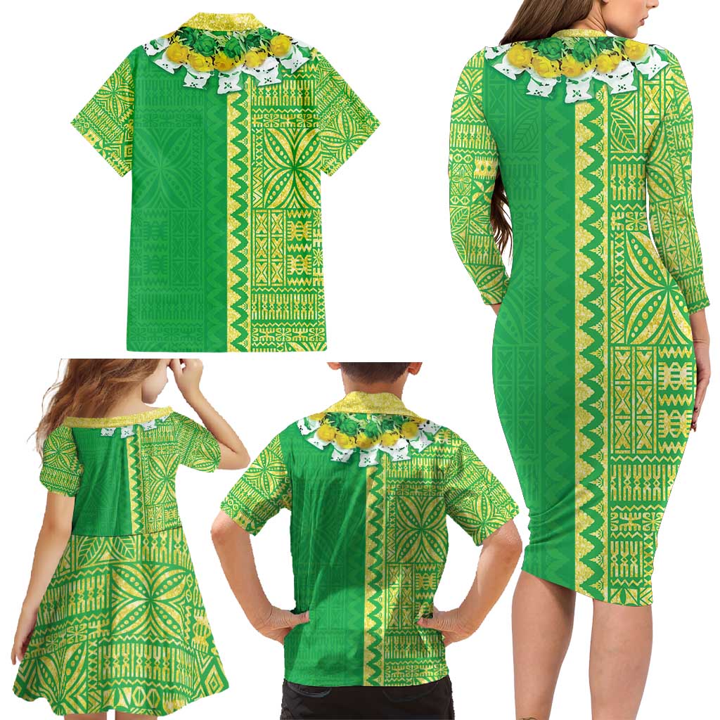 Fiji Lovoni Family Matching Long Sleeve Bodycon Dress and Hawaiian Shirt Fijian Tapa Salusalu Green Glitter LT05 - Polynesian Pride