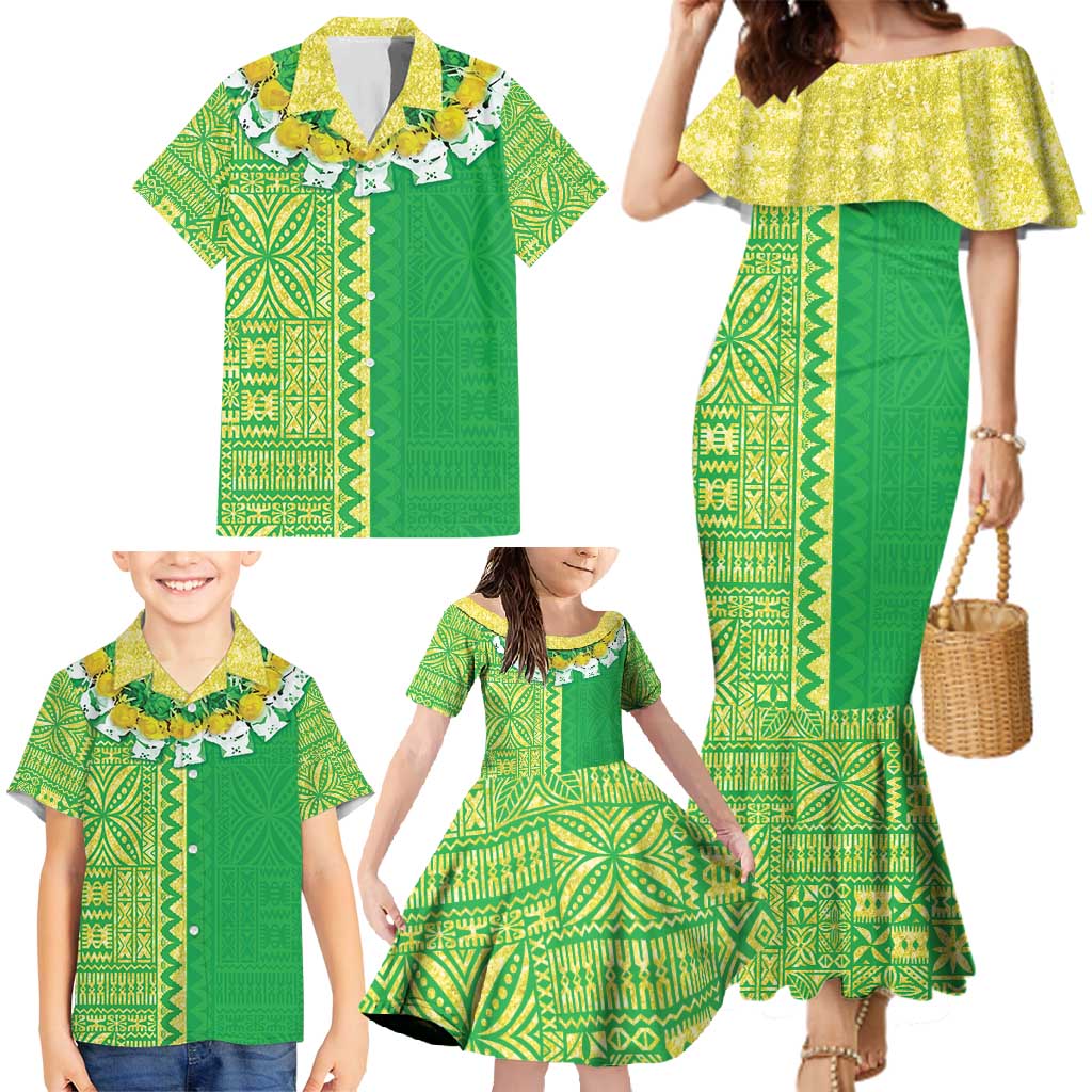 Fiji Lovoni Family Matching Mermaid Dress and Hawaiian Shirt Fijian Tapa Salusalu Green Glitter LT05 - Polynesian Pride