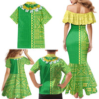 Fiji Lovoni Family Matching Mermaid Dress and Hawaiian Shirt Fijian Tapa Salusalu Green Glitter LT05 - Polynesian Pride
