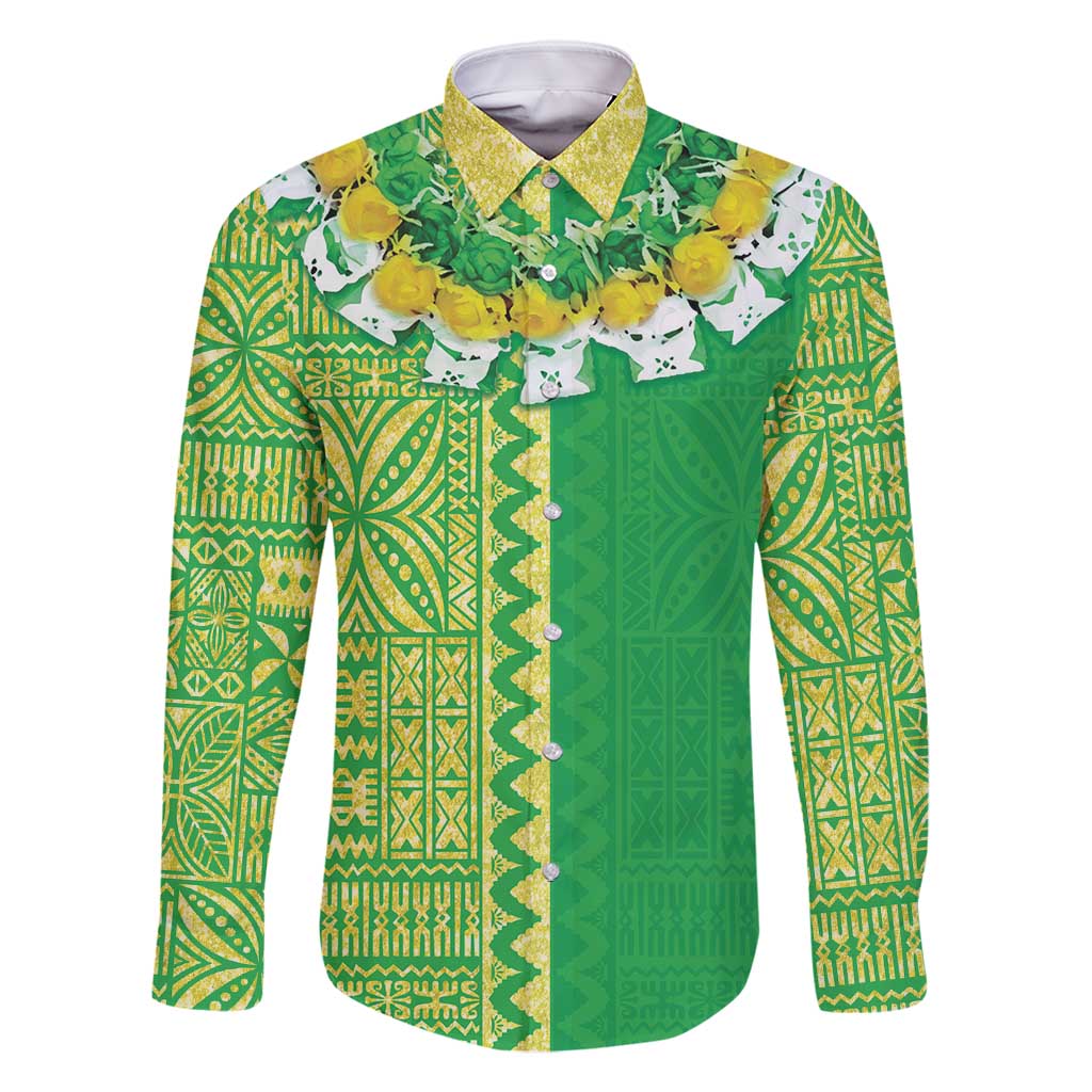 Fiji Lovoni Family Matching Mermaid Dress and Hawaiian Shirt Fijian Tapa Salusalu Green Glitter LT05 Dad's Shirt - Long Sleeve Green - Polynesian Pride