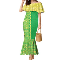Fiji Lovoni Family Matching Mermaid Dress and Hawaiian Shirt Fijian Tapa Salusalu Green Glitter LT05 Mom's Dress Green - Polynesian Pride