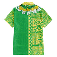 Fiji Lovoni Family Matching Off The Shoulder Long Sleeve Dress and Hawaiian Shirt Fijian Tapa Salusalu Green Glitter