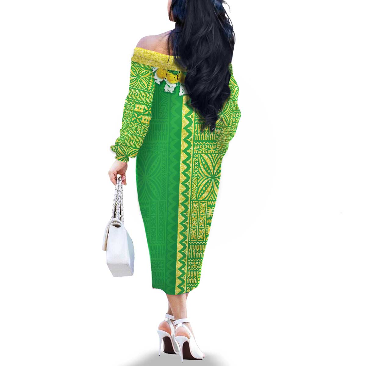 Fiji Lovoni Family Matching Off The Shoulder Long Sleeve Dress and Hawaiian Shirt Fijian Tapa Salusalu Green Glitter