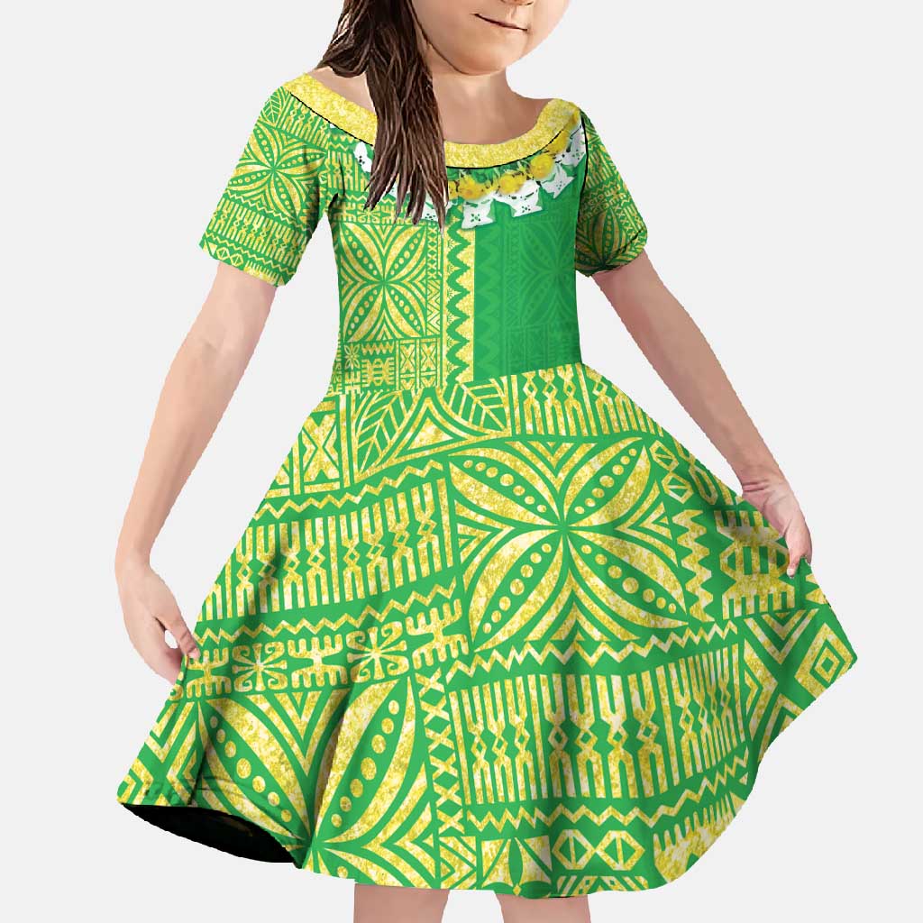 Fiji Lovoni Family Matching Off Shoulder Maxi Dress and Hawaiian Shirt Fijian Tapa Salusalu Green Glitter LT05 Daughter's Dress Green - Polynesian Pride