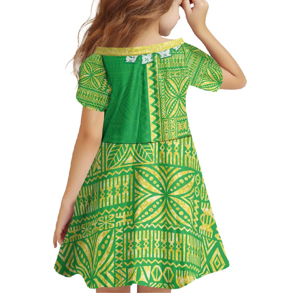 Fiji Lovoni Family Matching Off Shoulder Maxi Dress and Hawaiian Shirt Fijian Tapa Salusalu Green Glitter LT05 - Polynesian Pride