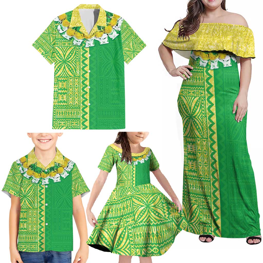 Fiji Lovoni Family Matching Off Shoulder Maxi Dress and Hawaiian Shirt Fijian Tapa Salusalu Green Glitter LT05 - Polynesian Pride