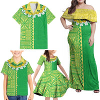 Fiji Lovoni Family Matching Off Shoulder Maxi Dress and Hawaiian Shirt Fijian Tapa Salusalu Green Glitter LT05 - Polynesian Pride