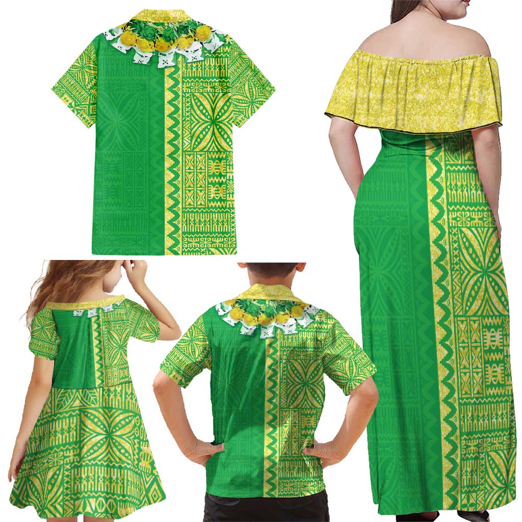 Fiji Lovoni Family Matching Off Shoulder Maxi Dress and Hawaiian Shirt Fijian Tapa Salusalu Green Glitter LT05 - Polynesian Pride