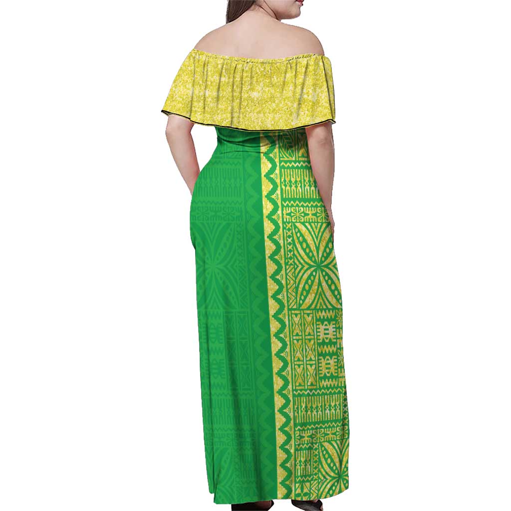 Fiji Lovoni Family Matching Off Shoulder Maxi Dress and Hawaiian Shirt Fijian Tapa Salusalu Green Glitter LT05 - Polynesian Pride