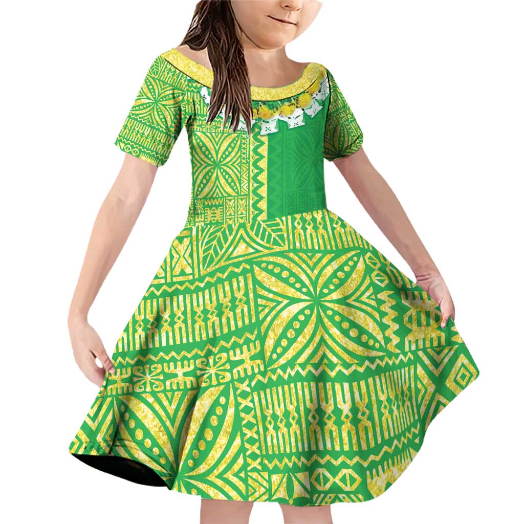 Fiji Lovoni Family Matching Off Shoulder Short Dress and Hawaiian Shirt Fijian Tapa Salusalu Green Glitter LT05 Daughter's Dress Green - Polynesian Pride