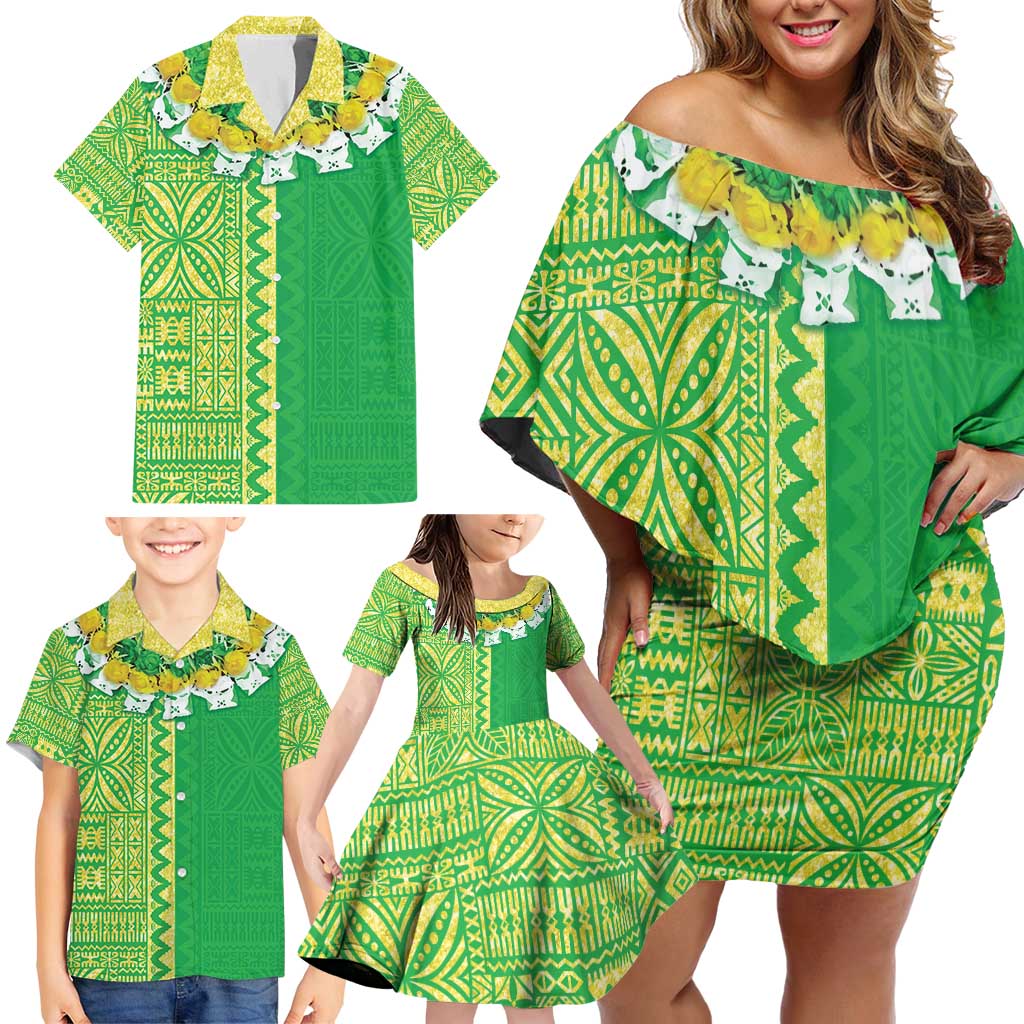 Fiji Lovoni Family Matching Off Shoulder Short Dress and Hawaiian Shirt Fijian Tapa Salusalu Green Glitter