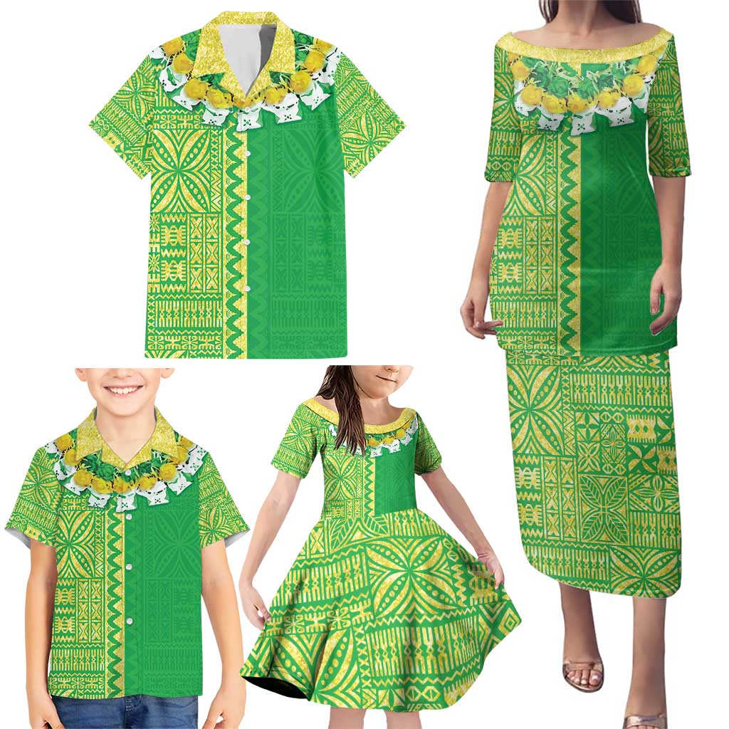 Fiji Lovoni Family Matching Puletasi and Hawaiian Shirt Fijian Tapa Salusalu Green Glitter