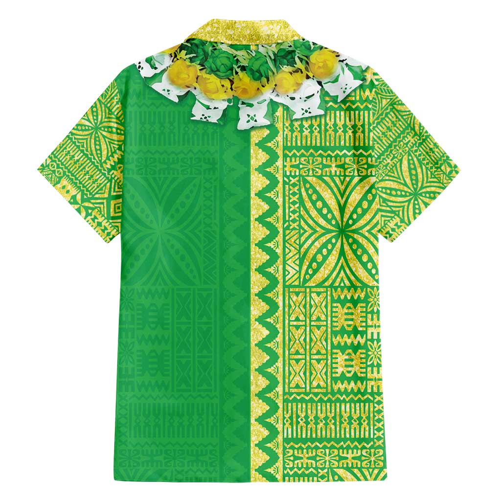 Fiji Lovoni Family Matching Puletasi and Hawaiian Shirt Fijian Tapa Salusalu Green Glitter