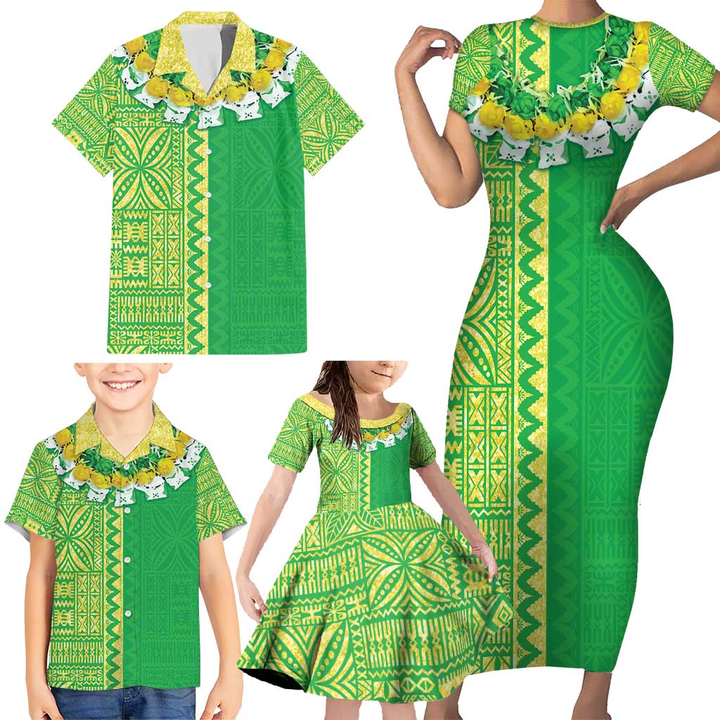 Fiji Lovoni Family Matching Short Sleeve Bodycon Dress and Hawaiian Shirt Fijian Tapa Salusalu Green Glitter LT05 - Polynesian Pride