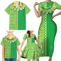Fiji Lovoni Family Matching Short Sleeve Bodycon Dress and Hawaiian Shirt Fijian Tapa Salusalu Green Glitter LT05 - Polynesian Pride