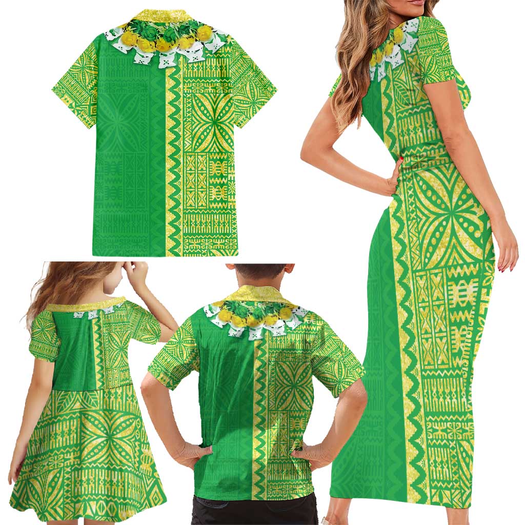 Fiji Lovoni Family Matching Short Sleeve Bodycon Dress and Hawaiian Shirt Fijian Tapa Salusalu Green Glitter LT05 - Polynesian Pride