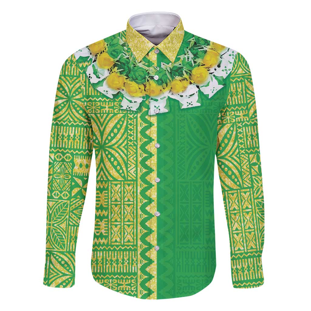 Fiji Lovoni Family Matching Short Sleeve Bodycon Dress and Hawaiian Shirt Fijian Tapa Salusalu Green Glitter LT05 Dad's Shirt - Long Sleeve Green - Polynesian Pride