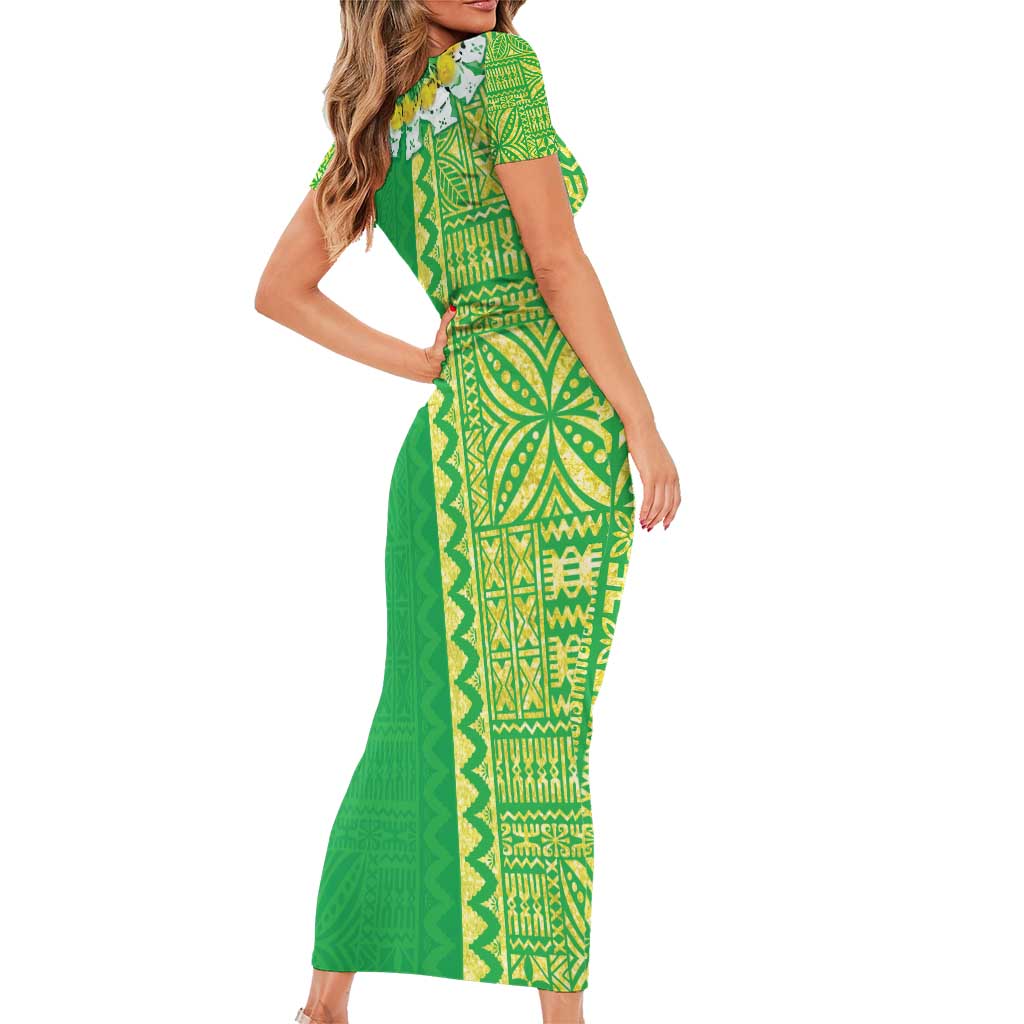 Fiji Lovoni Family Matching Short Sleeve Bodycon Dress and Hawaiian Shirt Fijian Tapa Salusalu Green Glitter LT05 - Polynesian Pride