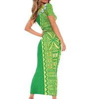 Fiji Lovoni Family Matching Short Sleeve Bodycon Dress and Hawaiian Shirt Fijian Tapa Salusalu Green Glitter LT05 - Polynesian Pride