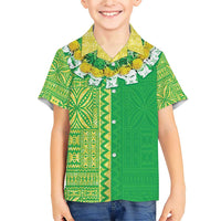 Fiji Lovoni Family Matching Short Sleeve Bodycon Dress and Hawaiian Shirt Fijian Tapa Salusalu Green Glitter LT05 Son's Shirt Green - Polynesian Pride