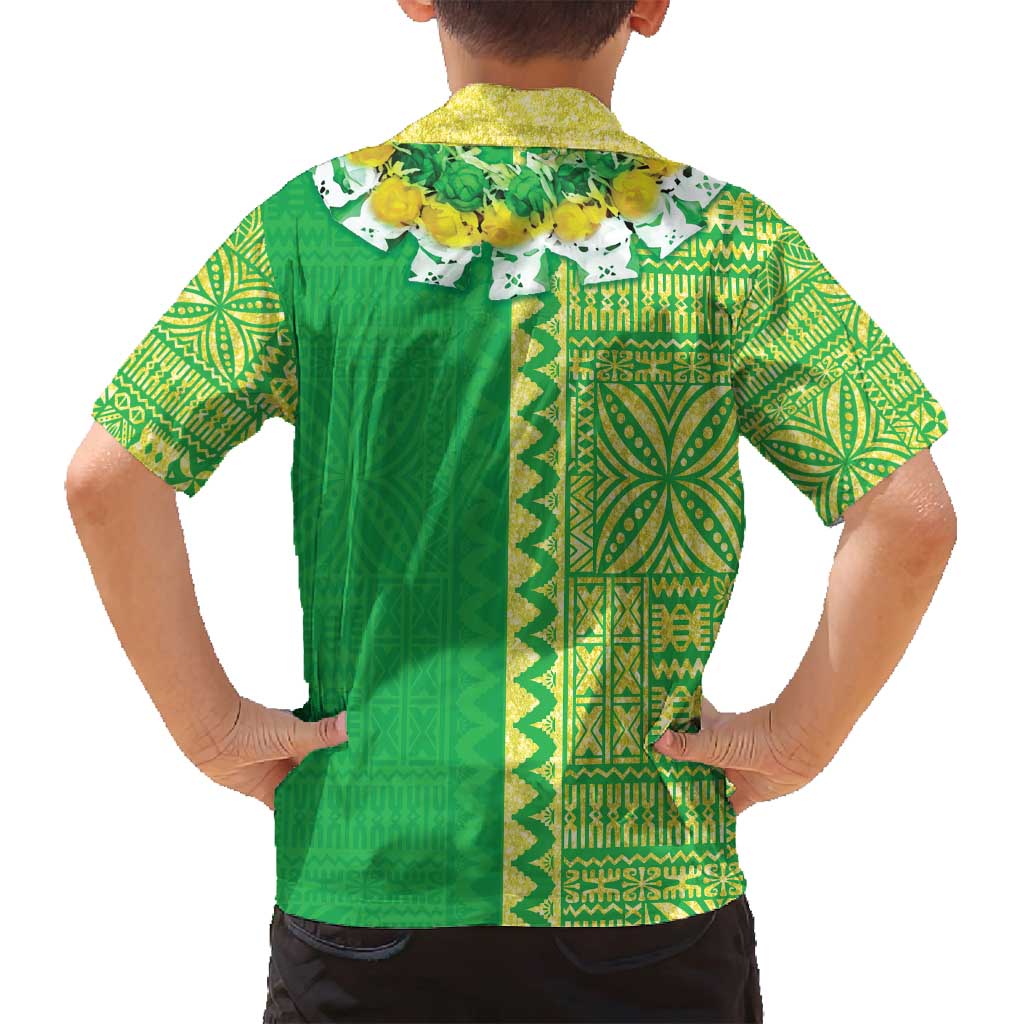 Fiji Lovoni Family Matching Summer Maxi Dress and Hawaiian Shirt Fijian Tapa Salusalu Green Glitter LT05 - Polynesian Pride