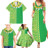 Fiji Lovoni Family Matching Summer Maxi Dress and Hawaiian Shirt Fijian Tapa Salusalu Green Glitter LT05 - Polynesian Pride